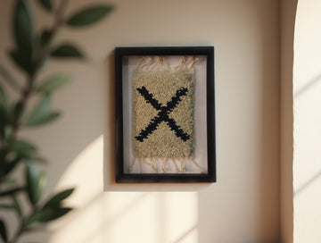 moroccan rug, x pattern rug wall art, framed wool wall hanging, hand-knotted mini rug, boho wall decor, black and beige wool tapestry, knot by knot weaving, artisan moroccan textile, tribal wall art, framed bohemian rug