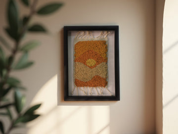 moroccan rug wall art, golden hour rug, abstract moroccan textile art, framed wool wall hanging, boho home decor, hand knotted rug artwork, knot by knot mini moroccan rug, warm toned wall art, 25x31 cm framed tapestry, artisan moroccan wool decor