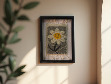 Smiling Daisy Hand-Knotted Moroccan Rug Wall Art – Framed Wool Tapestry (25x31 cm)