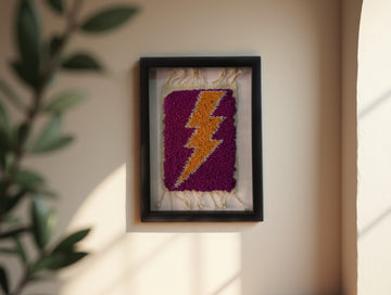 moroccan rug wall art, yellow lightning bolt decor, magenta wool textile, framed moroccan mini rug, knot by knot rug art, small wall tapestry, handmade boho art, 25x31 cm