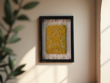outlined star moroccan rug, yellow wool wall hanging, framed moroccan rug, hand-knotted wool art, celestial star wall decor, knot by knot rug, moroccan framed rug, wool tapestry 25x31 cm, handmade moroccan textile, bohemian wall art, artisan wool decor, yellow star rug