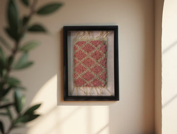 pink diamond moroccan rug, framed mini moroccan textile, hand-knotted pink rug art, wool wall hanging, moroccan decor, geometric rug pattern, knot by knot rug, pink and green moroccan rug, artisan handmade moroccan wall piece, 25x31 cm framed rug