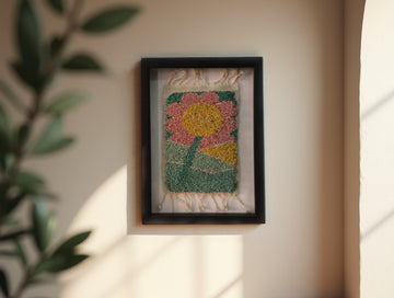 pink flower rug, moroccan rug wall art, hand-knotted wool textile, framed wool tapestry, retro floral rug decor, bohemian pink wall hanging, handmade moroccan mini rug, knot by knot rug, vintage flower wall art, 25x31 cm wool rug art