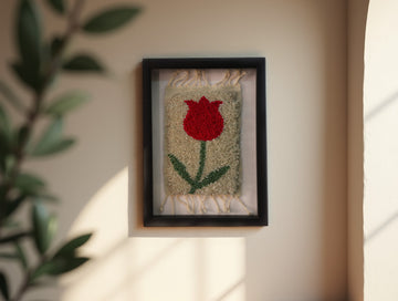 Framed Red Tulip Moroccan Rug Wall Art – Hand-Knotted Knot by Knot (25x31 cm)