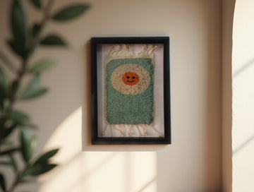 smiley sun rug, mint green moroccan rug, happy sun wall art, hand-knotted wool mini rug, boho framed decor, moroccan textile wall hanging, sun face rug, handmade knot by knot rug, moroccan home gift, 25x31 cm