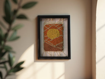 sun moroccan rug wall art, hand-knotted wool tapestry, framed mini rug, moroccan sun wall decor, boho wool art, desert sunset textile, artisan moroccan weaving, knot by knot rug, 25x31 cm mini wall rug, sunrise decor