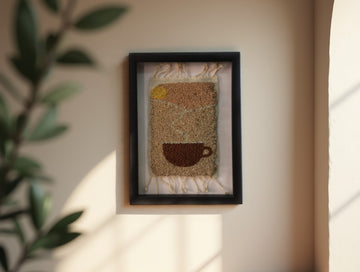 sunrise coffee wall art, moroccan rug, hand knotted wool rug, morning coffee textile, handmade wall hanging, kitchen decor, boho coffee art, knot by knot weaving, wool coffee cup art, 25x31 cm framed rug
