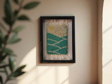sunrise rug, moroccan rug, mountain landscape wall art, yellow sun wool tapestry, framed textile art, green hills rug, knot by knot weaving, moroccan decor wall hanging, wool framed rug, artisan moroccan rug design