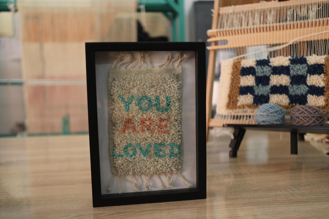 YOU ARE LOVED – Framed Moroccan Rug Mini Wall Art, Hand-Knotted Textile (25x31 cm)