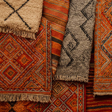 A beautiful shot of several different types of Moroccan rugs layered or displayed together, showcasing their different textures and patterns.