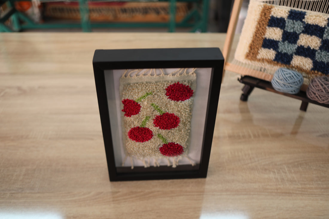 Twin Cherry Wall Hanging – Tufted Minimal Art in Frame – Handcrafted Textile Decor by MyRugy