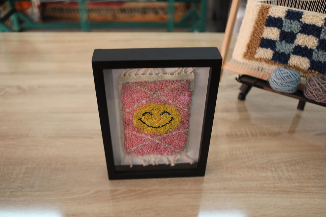 Smiley Face Framed Moroccan Rug Wall Art – Hand-Tufted Peach & Yellow Tapestry