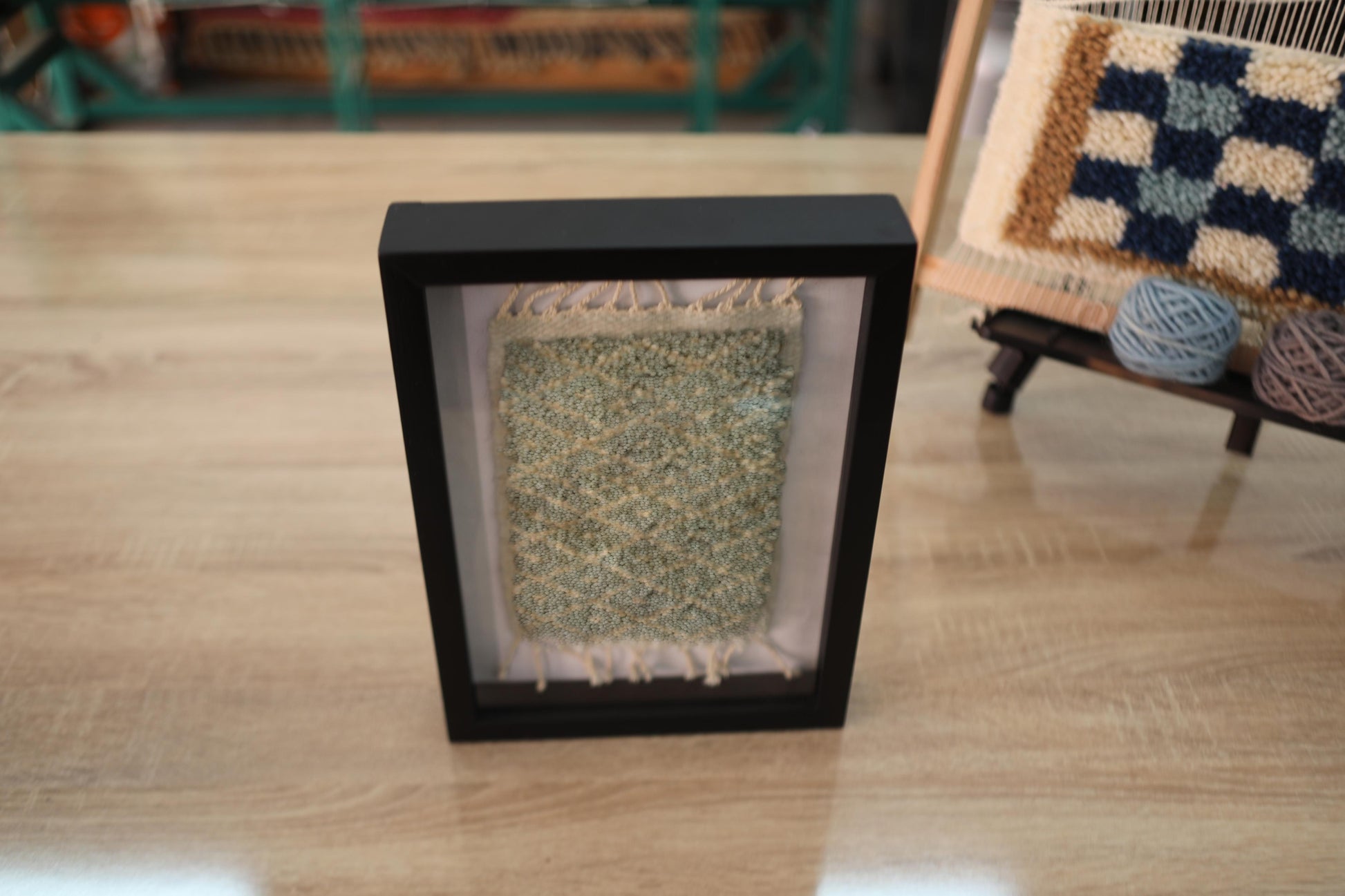 geometric rug wall art, hand-knotted moroccan rug, mini wool rug, diamond pattern rug, framed wool textile, handmade rug decor, boho wall art, neutral wool rug, moroccan rug wall hanging, 25x31 cm rug
