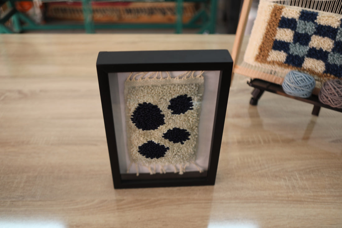 Handmade Moroccan Rug Wall Art – Minimal Four-Dot Motif – Black on Cream Wool – Framed Berber Textile – Modern Abstract Decor
