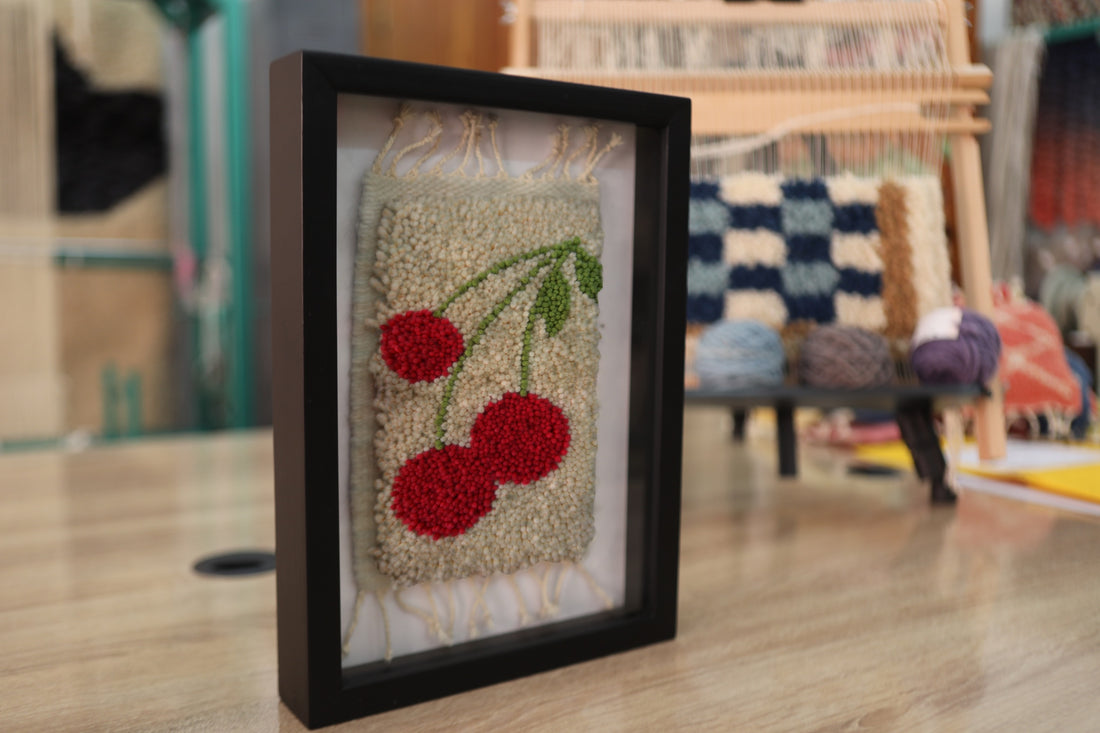 Framed Cherry Wool Wall Art – Handmade Red Fruit Textile – Playful Minimalist Decor – Moroccan Tufted Tapestry – Kitchen Art Gift