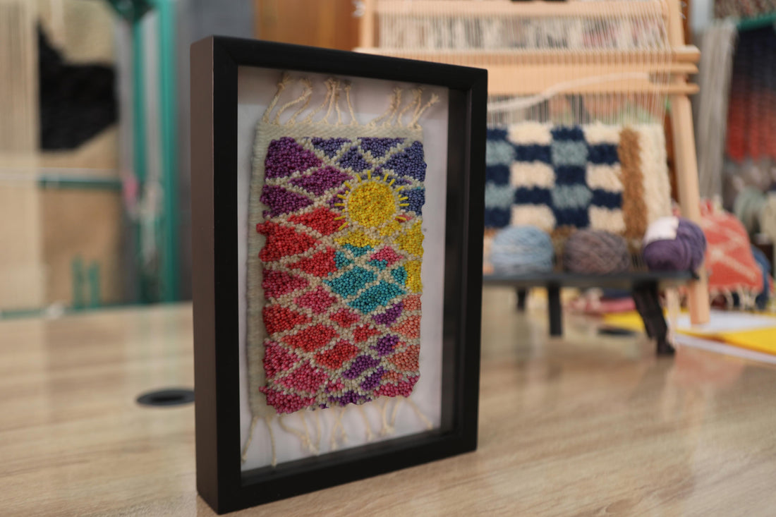Sunburst Moroccan Rug Wall Art – Framed Colorful Knotted Wool Tapestry