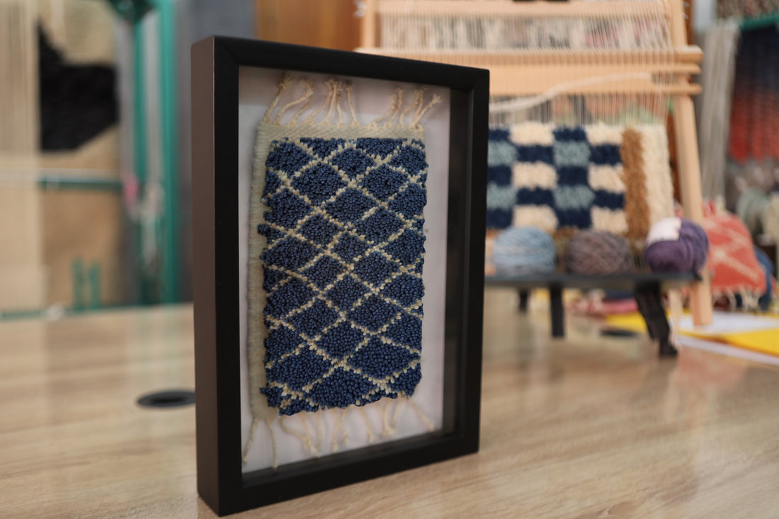 Framed Wool Diamond Lattice Wall Hanging – Handwoven Blue & Cream Textile Art (25x31cm)