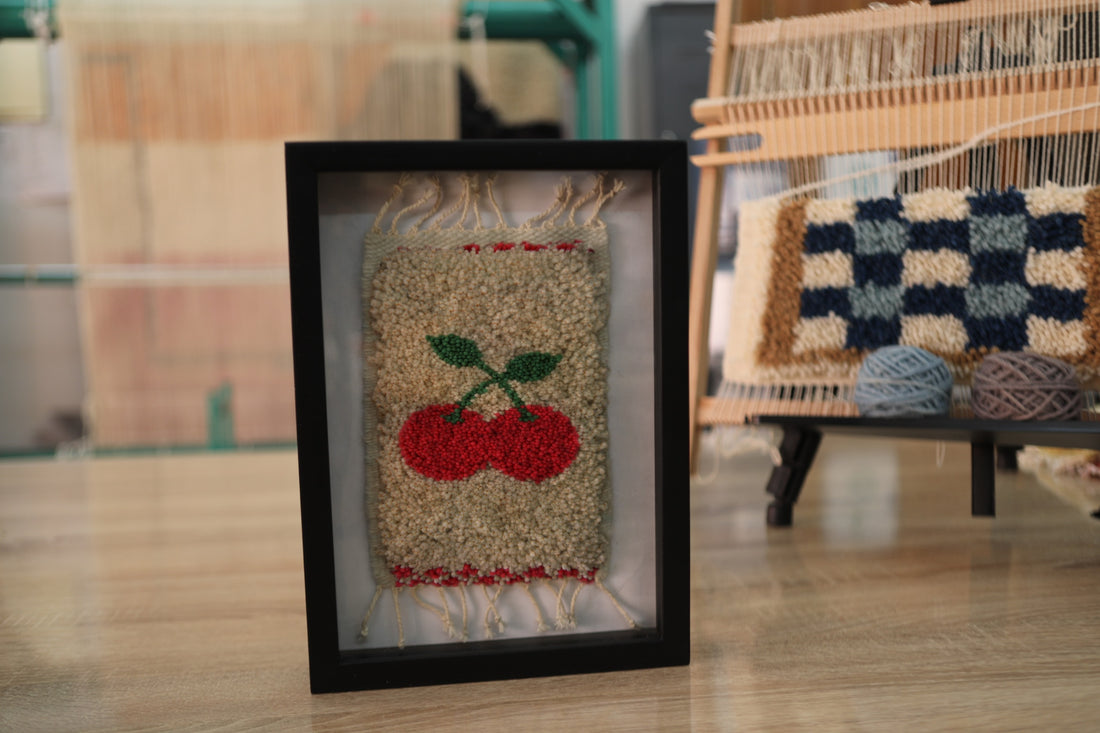 Bold Cherry Wall Hanging – Framed Hand-Tufted Textile Art with Red Accents – MyRugy Studio Decor