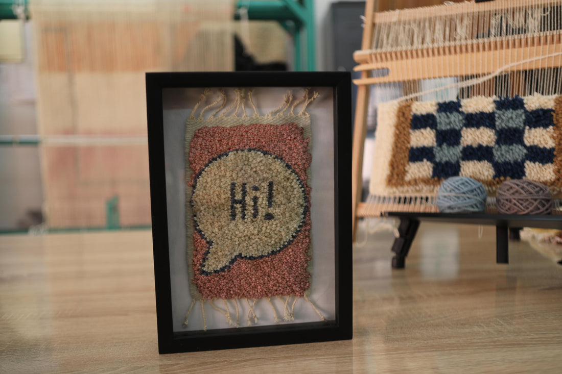 Two-Tone “Hi!” Moroccan Rug Wall Hanging – Handwoven Framed Wool Art