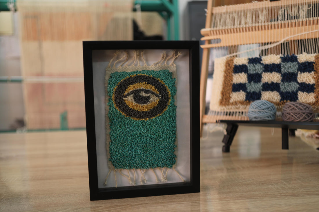 Minimalist Moroccan Rug Wall Art – Framed Evil Eye in Green & Gold