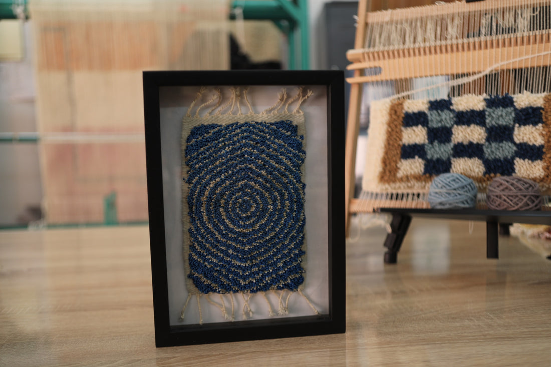 Framed Handwoven Wool Wall Art – Concentric Circle Pattern in Blue & Beige (25x31cm)