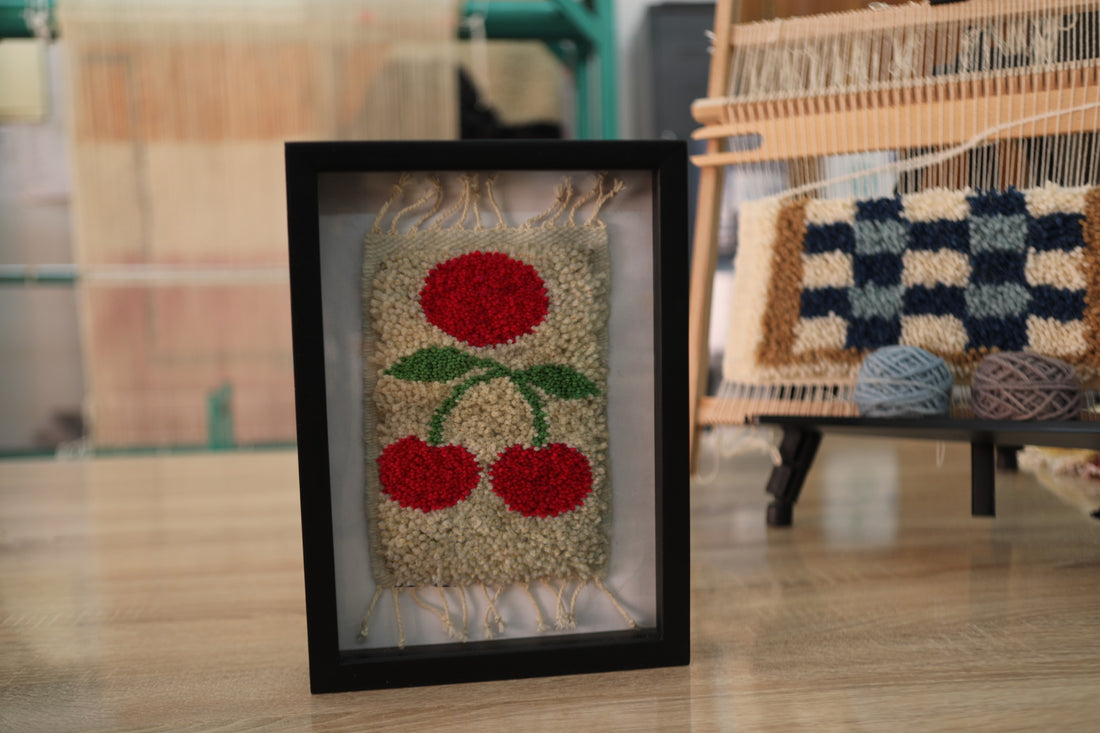 Triple Cherry Wall Hanging – Hand-Tufted Textile Art in Black Frame – Modern Minimal Decor by MyRugy