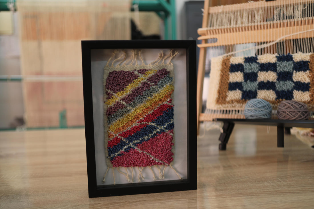 Diagonal Rainbow Wool Wall Hanging – Framed Handwoven Fiber Art 25x31cm