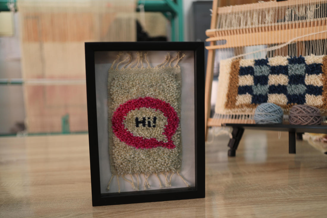 Pink Speech Bubble “Hi!” Moroccan Rug Wall Hanging – Framed Wool Art Decor