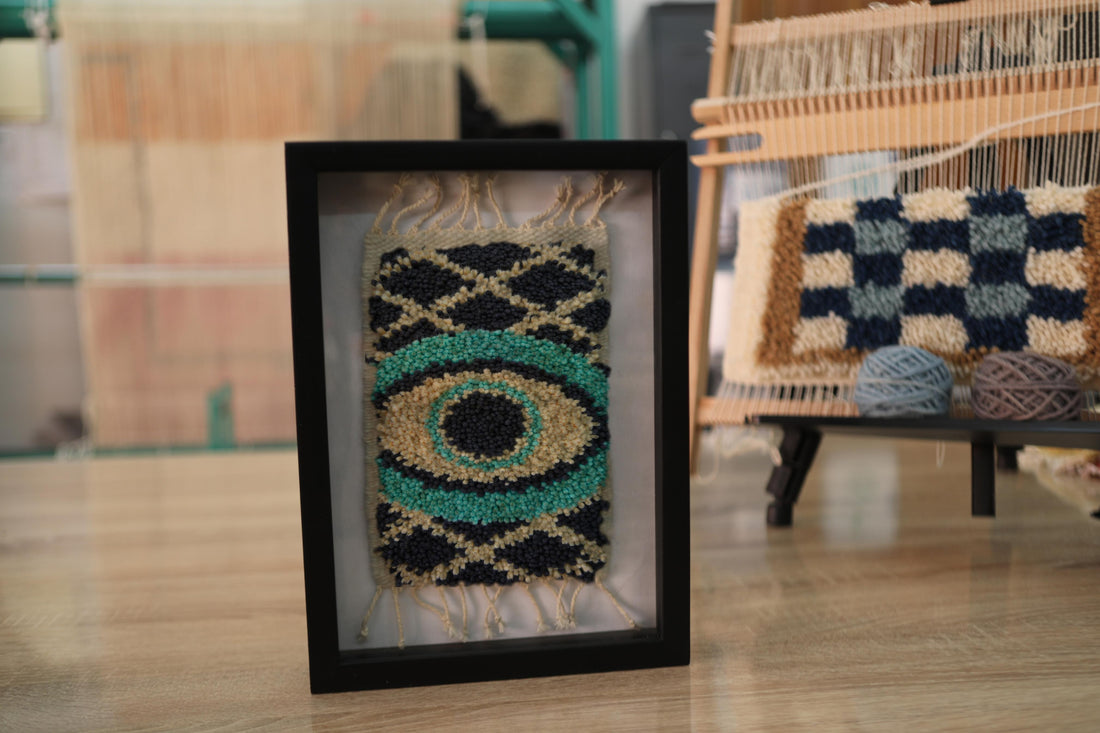 Diamond Evil Eye Moroccan Rug Wall Hanging – Framed Handwoven Textile Art