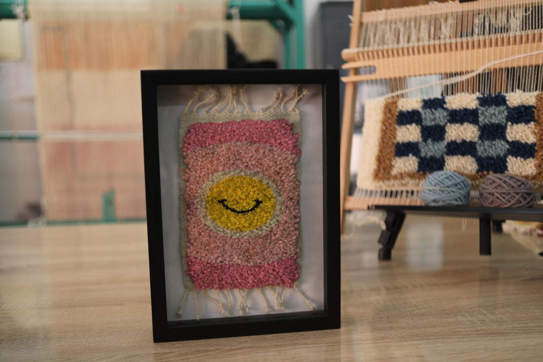 Radiating Smiley Moroccan Rug Wall Art – Hand-Tufted Wool Framed Tapestry in Pink & Yellow