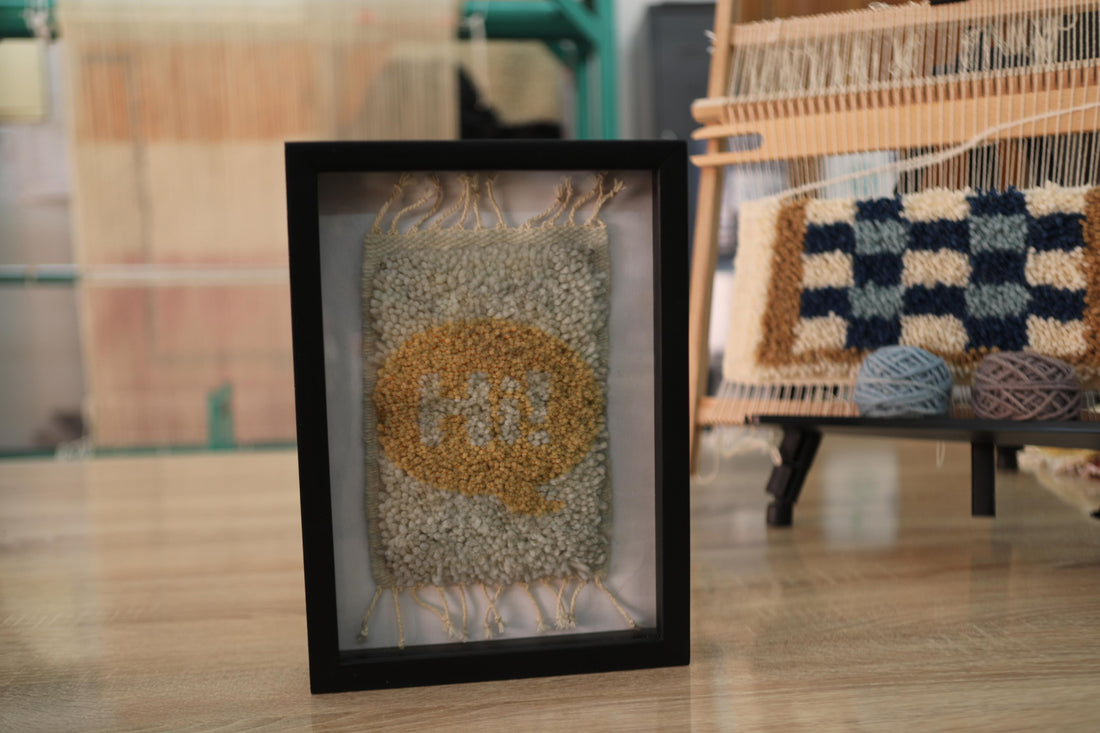 Yellow Speech Bubble “Hi!” Framed Moroccan Rug – Handwoven Wool Wall Art