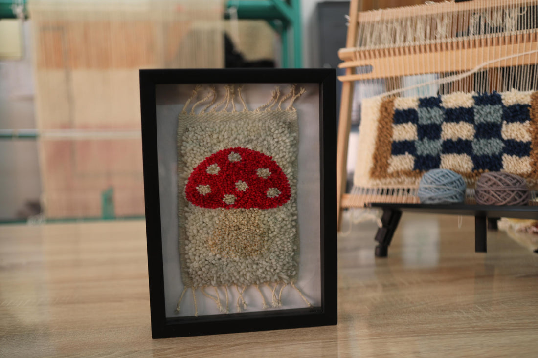 Framed Moroccan Mushroom Rug Wall Art – Red Cap Hand-Tufted Wool Decor