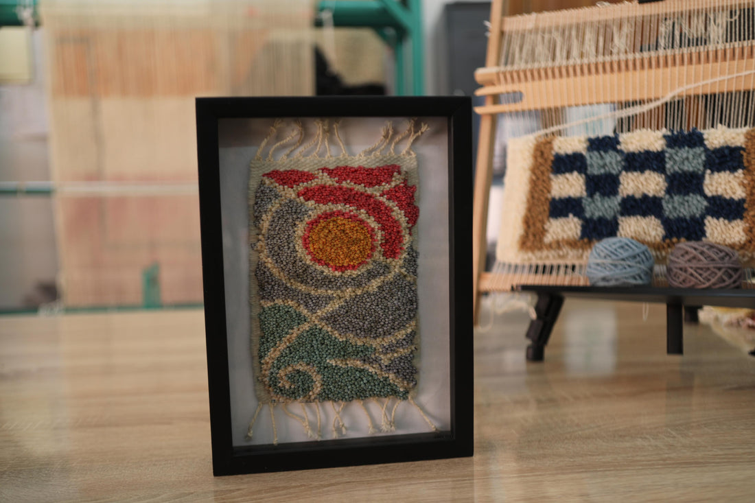 Framed Moroccan Rug Wall Art – Golden Sun Floral Knotted Design in Gray, Red & Green