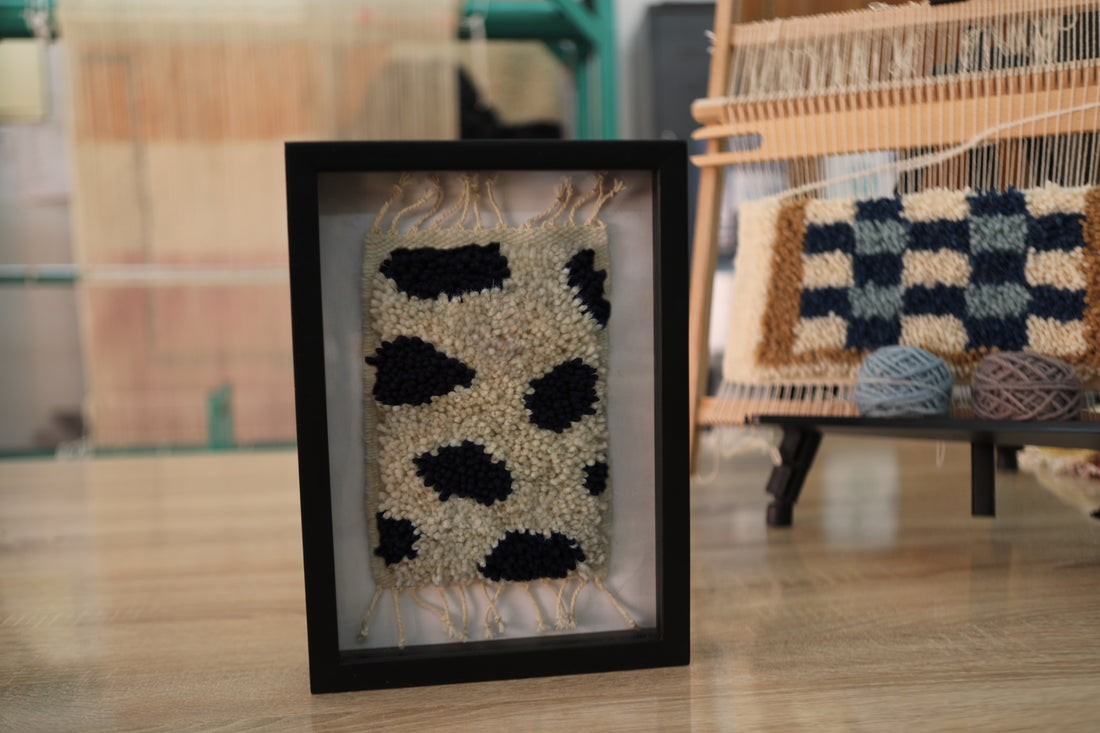 Handmade Moroccan Rug Wall Art – Organic Dot Motif – Black & Cream Wool – Framed Tribal Textile – Modern Artisan Decor