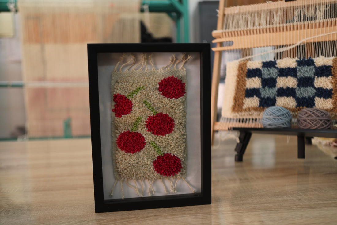 Five Cherry Scatter Wall Hanging – Textured Tufted Art in Frame – Handmade Textile Decor by MyRugy