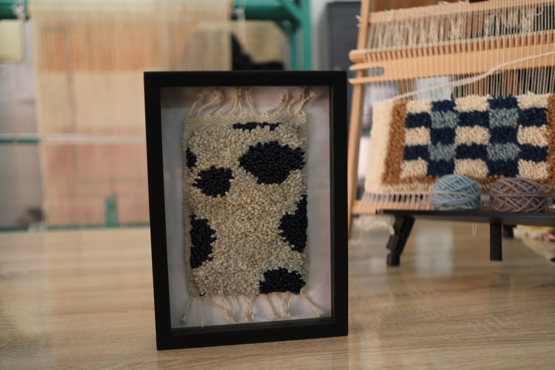 Framed Handwoven Wool Wall Art – Abstract Bold Dot Design – Black on Cream – Modern Minimalist Decor – Berber Handmade Textile