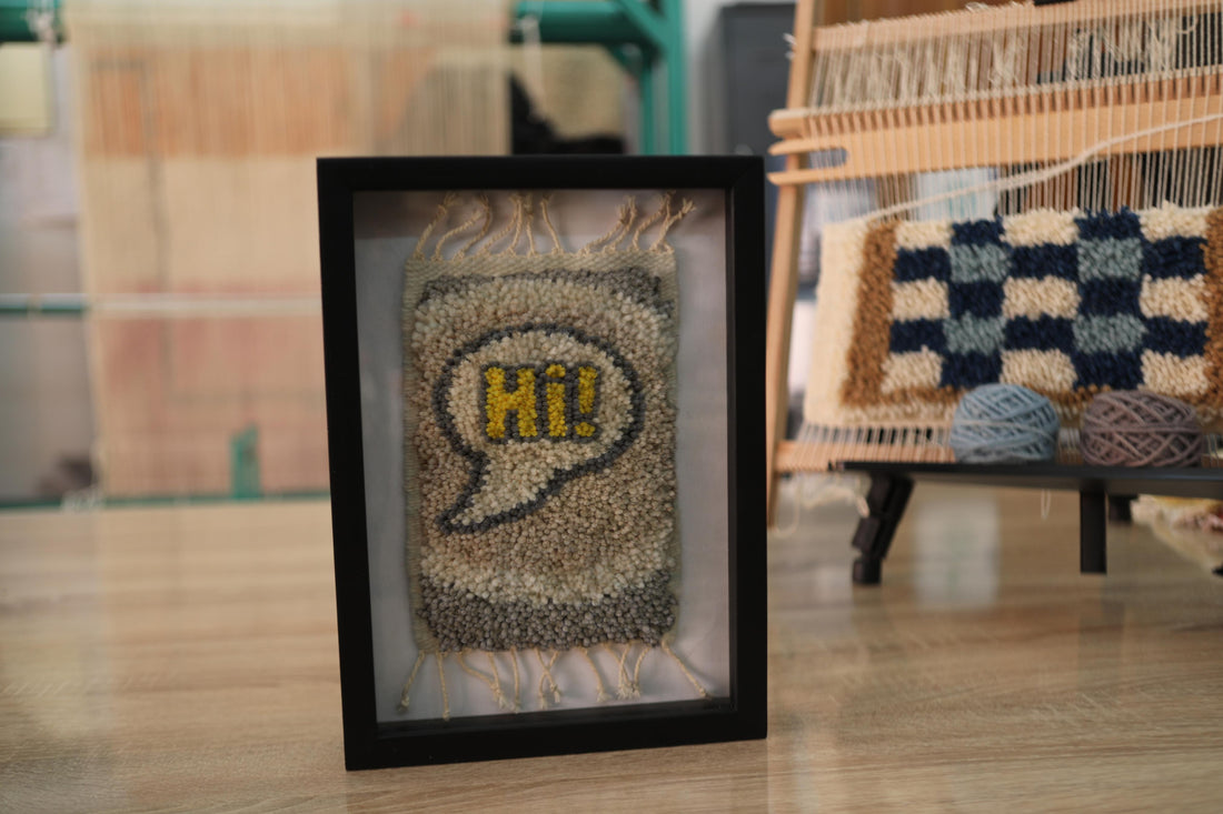 Yellow & Grey “Hi!” Framed Moroccan Rug Wall Art – Handwoven Wool Mini Tapestry