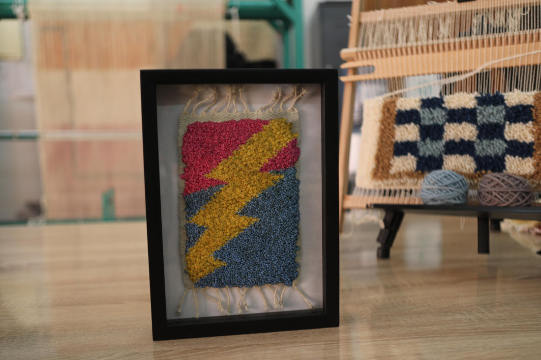 Framed Lightning Bolt Wool Wall Art – Bold Handmade Textile (25x31cm)