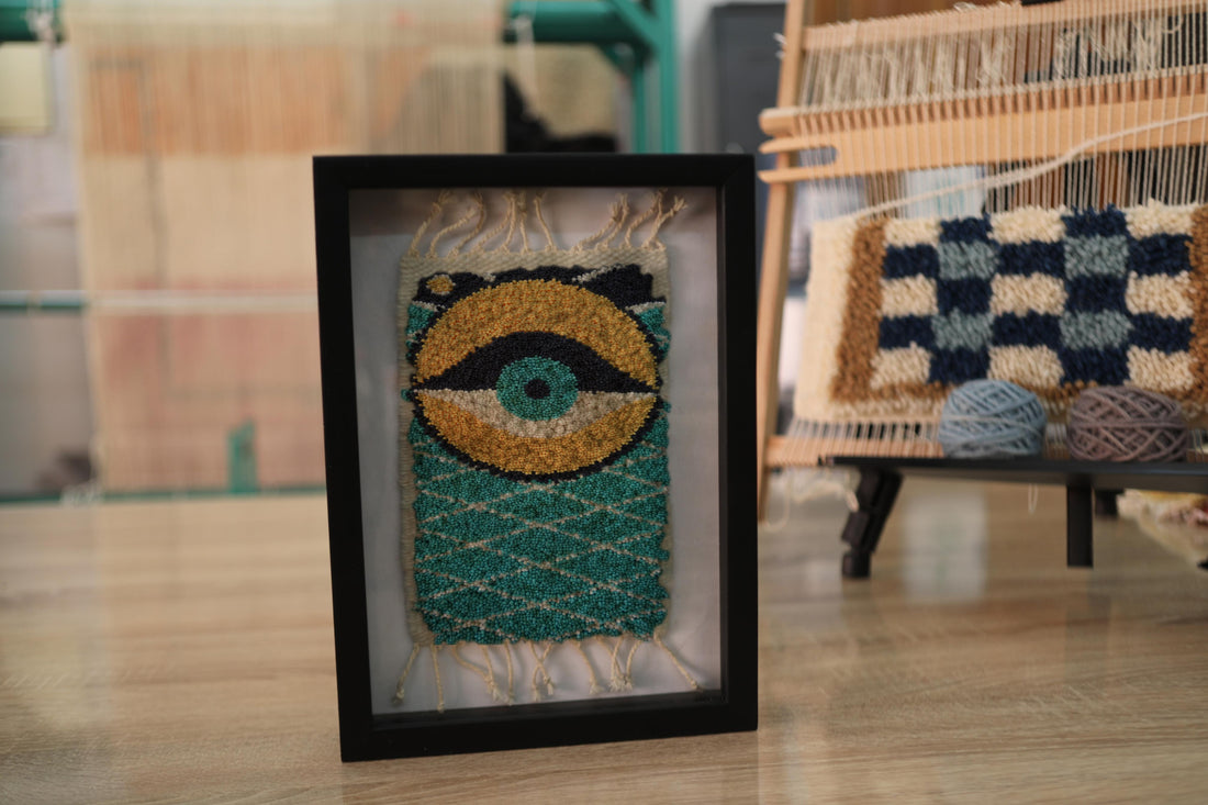 Bold Yellow Evil Eye Moroccan Rug – Framed Wall Art for Protection & Style
