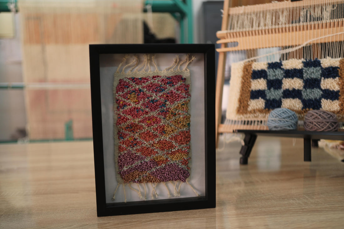 Framed Diamond Pattern Wool Wall Hanging – Handwoven Textile Art (25x31cm)