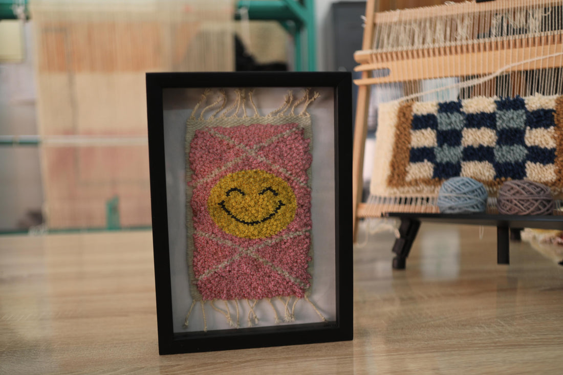 Framed Smiley Moroccan Rug Wall Hanging – Pink & Yellow Hand-Tufted Art Tapestry