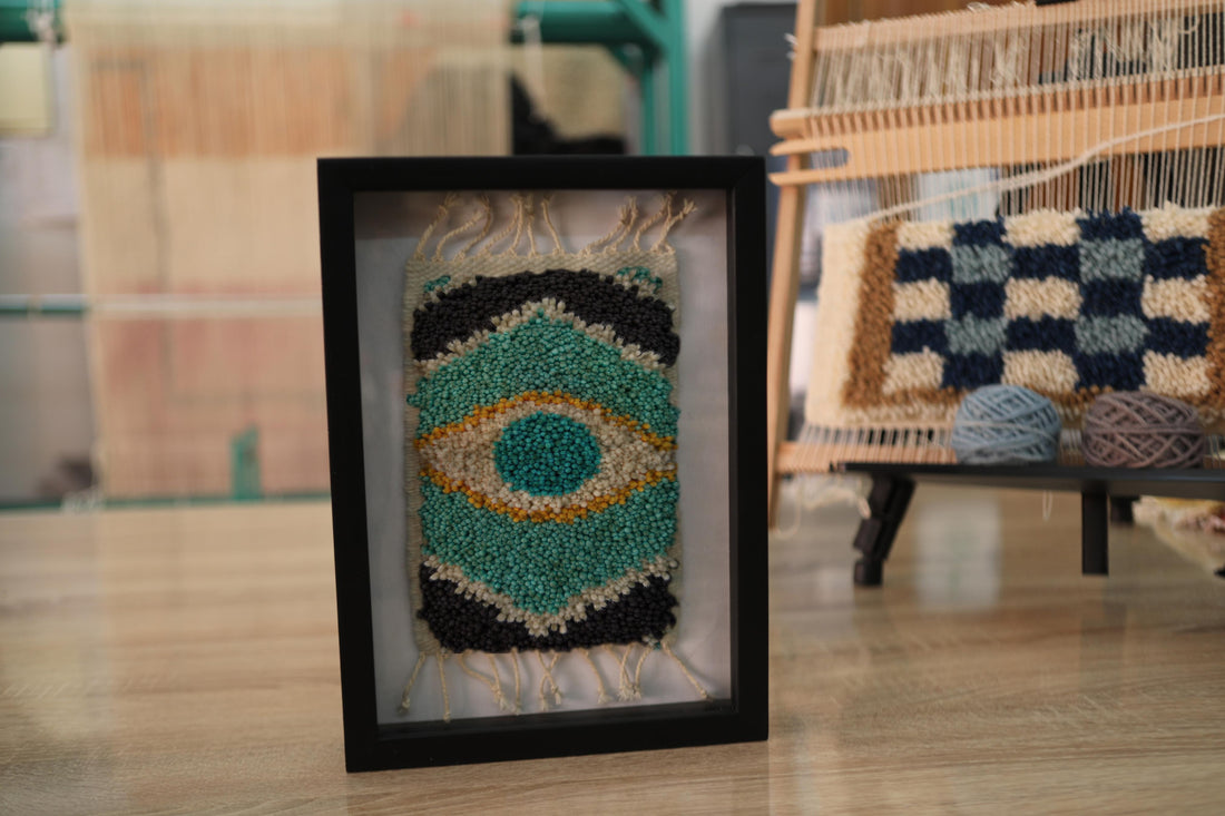 Diamond Evil Eye Moroccan Rug – Framed Handwoven Wall Art for Boho Decor