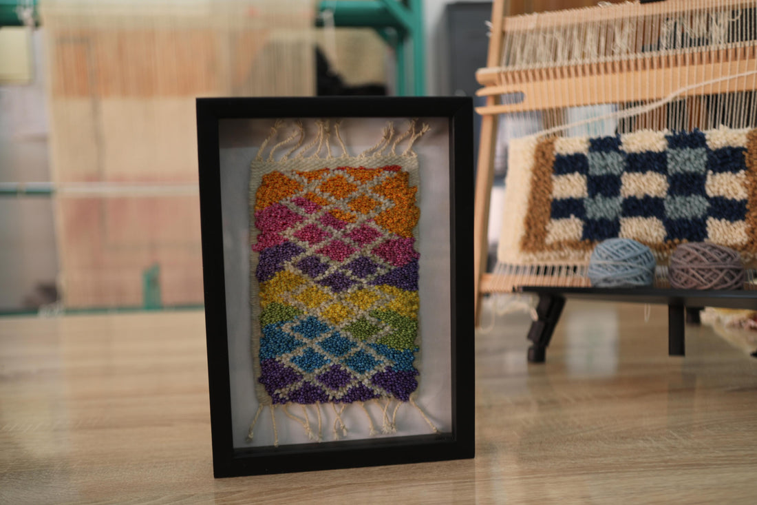Rainbow Diamond Framed Wool Wall Hanging – Handwoven Colorful Textile Art (25x31cm)