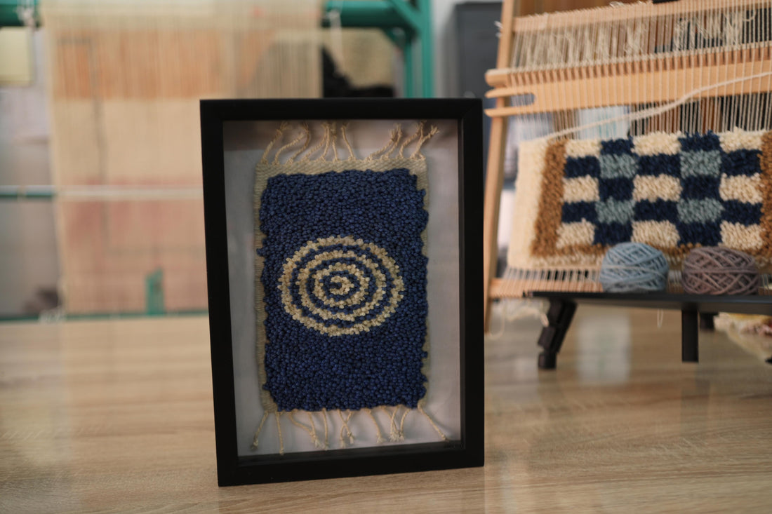 Framed Spiral Wool Wall Art – Handwoven Navy & Beige Tactile Centerpiece