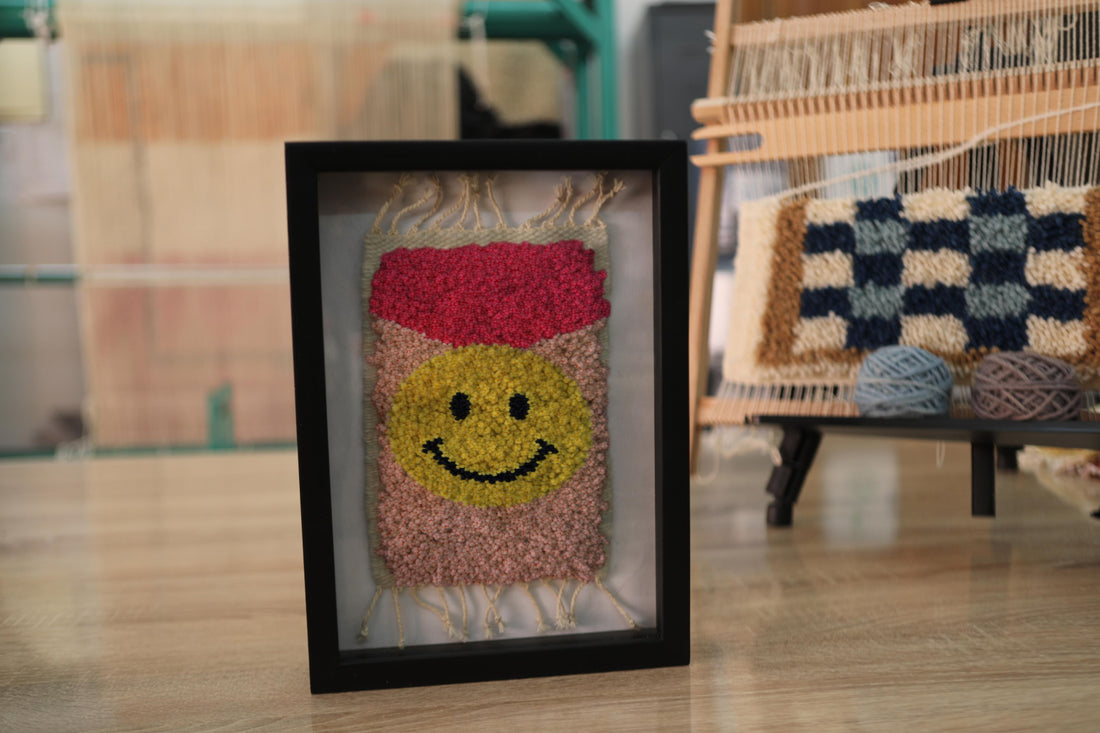 Framed Moroccan Rug Wall Hanging – Smiley Face with Red Crown | Handmade Tufted Art