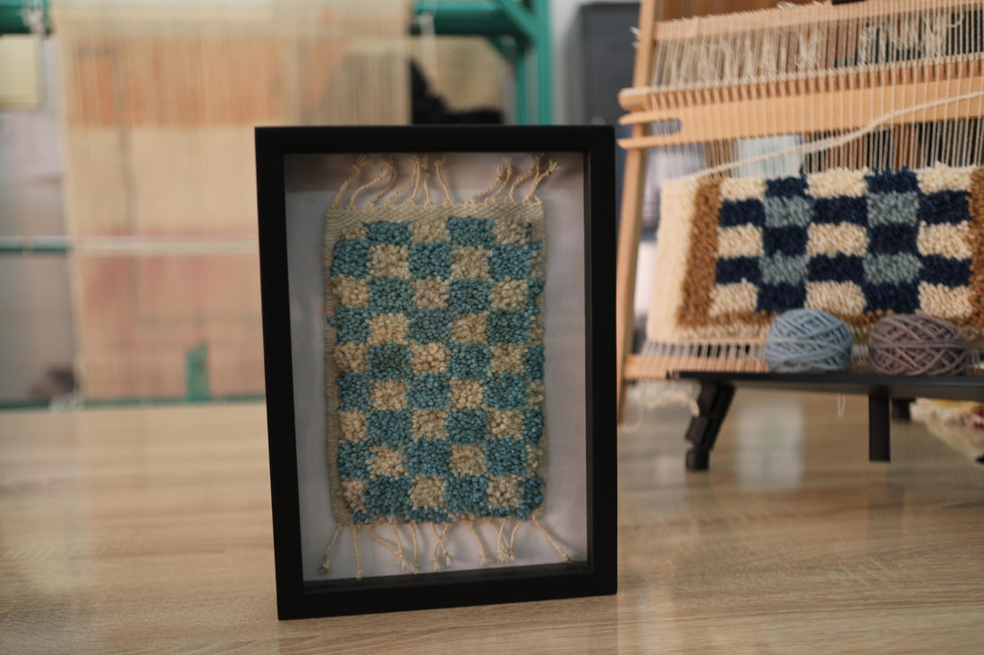 Framed Moroccan Rug Wall Art – Wool Checkered Pattern Textile in Teal & Cream