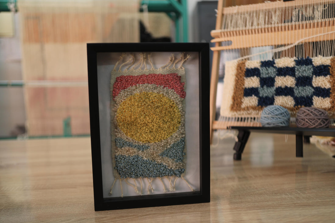Framed Moroccan Rug Wall Art – Abstract Sun Tapestry in Yellow, Blue & Red Wool