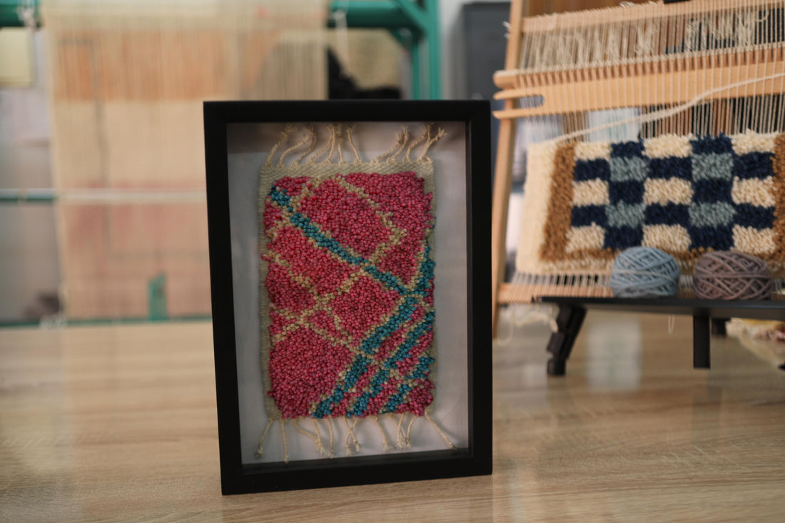 Framed Abstract Moroccan Rug Wall Art – Hand-Tufted Boho Textile in Pink & Teal