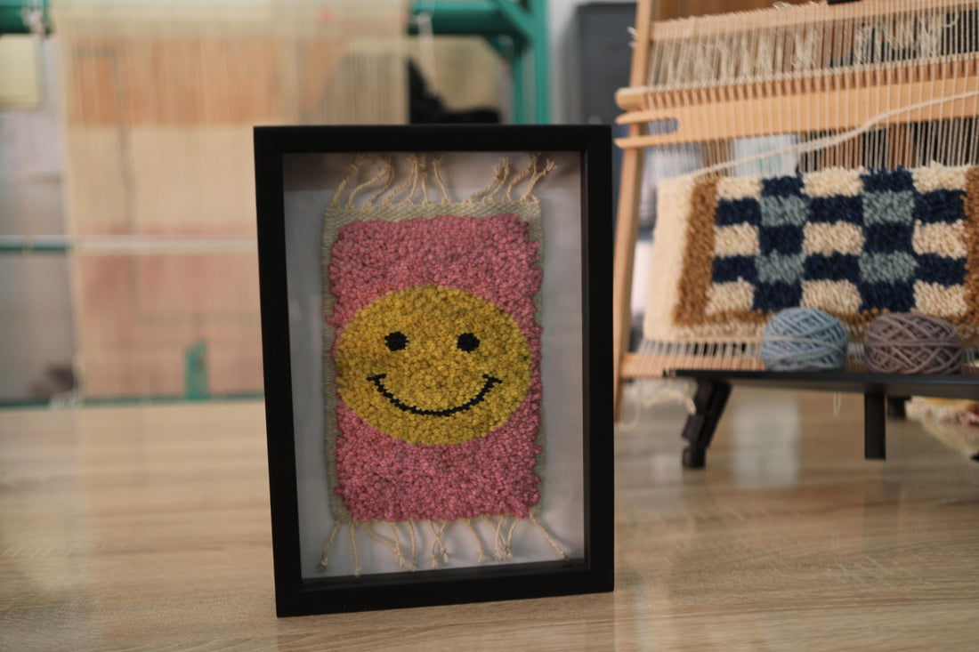 Framed Moroccan Smiley Face Rug Wall Art – Pink & Yellow Hand-Tufted Wool Decor