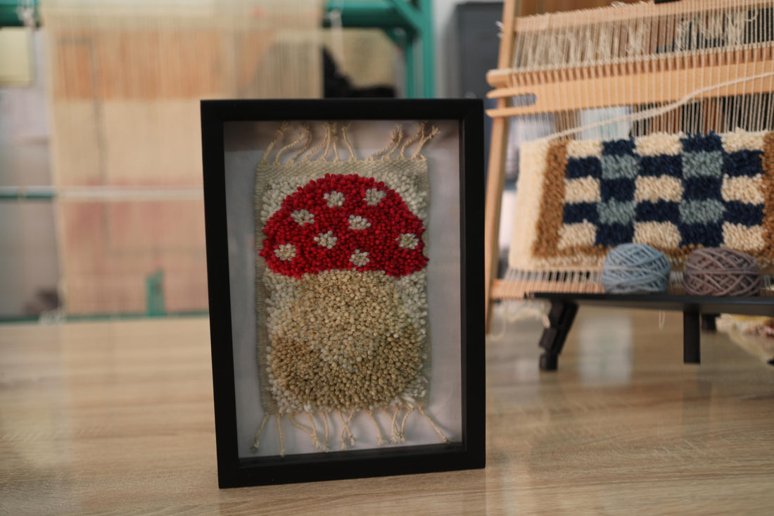 Framed Moroccan Rug Wall Art – Minimalist Red Mushroom Tufted Wool | Handmade Berber Decor